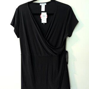 NWT Bleeker & McDougal Women's Black Faux Wrap Front Short Sleeve Blouse PXL